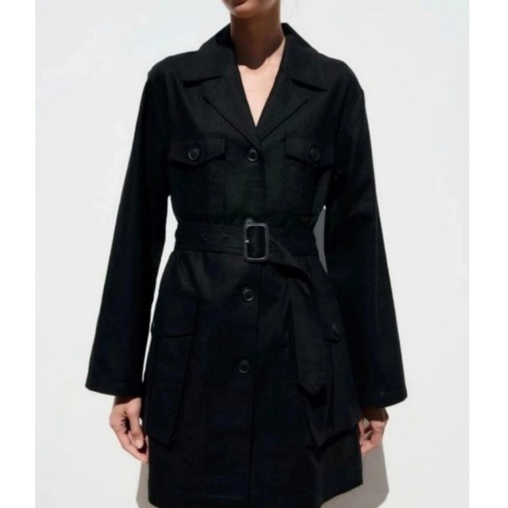 Zara Belted Linen Blend Black Jacket Medium